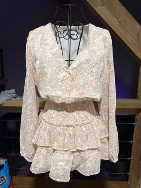 Smocked Waist Floral Mini Dress in Blush Cream